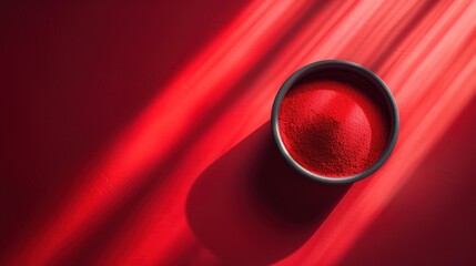  a red powdered substance in a black bowl on a red and white striped surface with a red light coming from the top of the bowl to the bottom of the bowl.