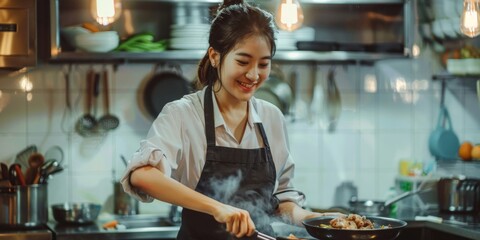 Obraz premium young asian woman cooking in the kitchen Generative AI