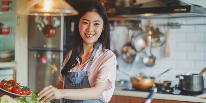 Young Asian Woman Cooking In The Kitchen Generative AI