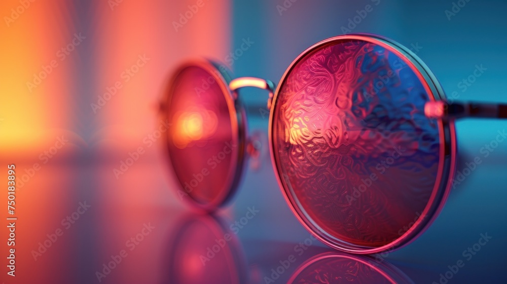 Aufkleber a close up of a pair of glasses with a reflection of a light on the side of the glasses and a reflec