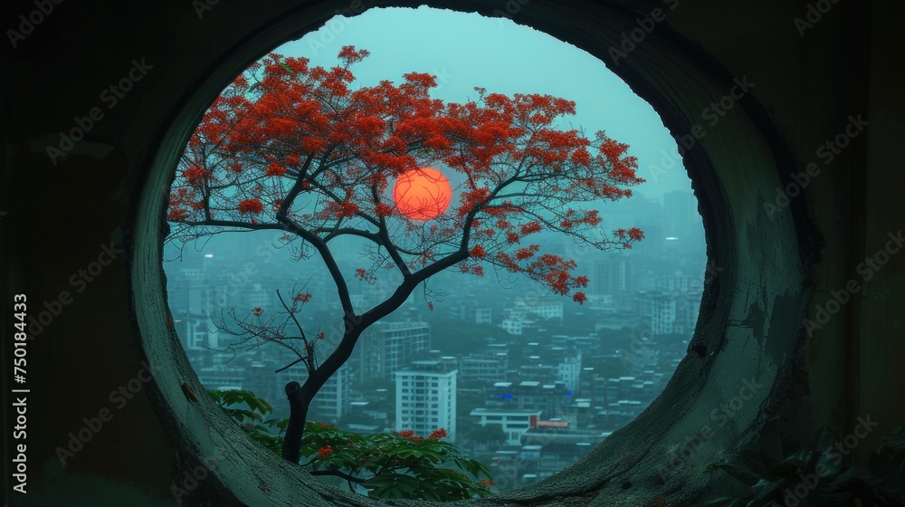 Poster a tree with red leaves is seen through a circular hole in the wall of a building with a view of a ci