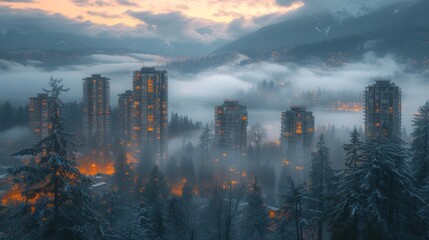  a view of a city in the middle of a foggy forest, with buildings in the foreground and trees in the foreground, and mountains in the background.