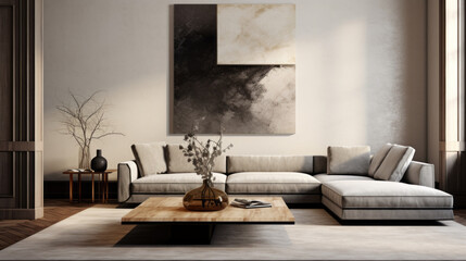 A modern living room with textured walls and geometric details, featuring a grey velvet sofa and a...