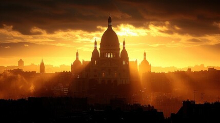  the sun is setting over a city with a church steeple in the foreground and dark clouds in the sky over a city with buildings in the foreground. - obrazy, fototapety, plakaty