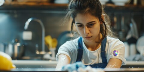 Fototapeta na wymiar girl doing general cleaning in the kitchen Generative AI