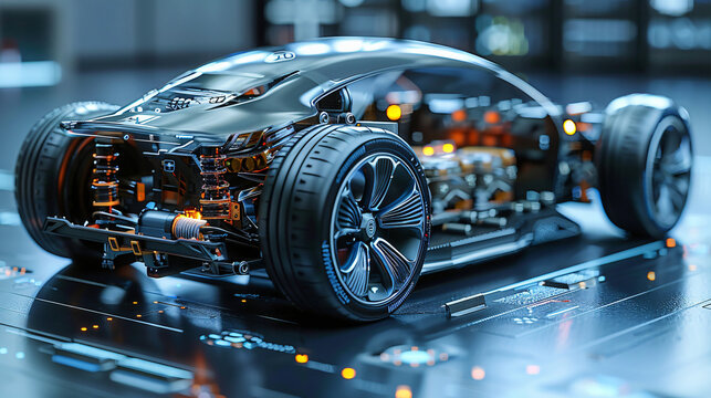 futuristic electric sport fast car chassis and battery packs future EV factory production and prototype showcase concepts as wide banner with copy space area