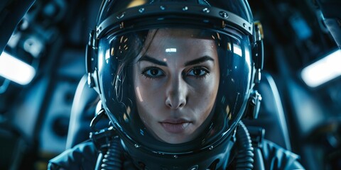 female fighter pilot in a spacesuit close-up portrait Generative AI