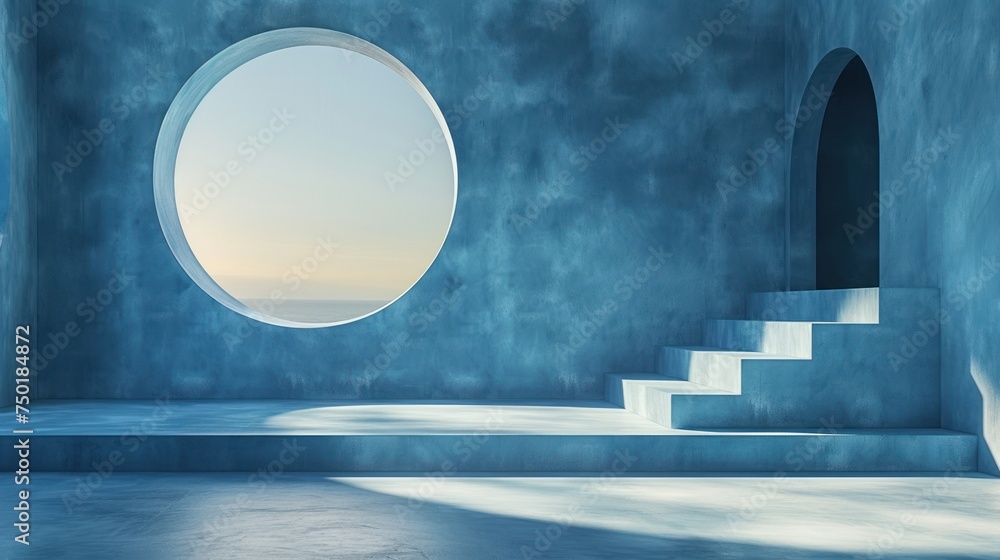 Poster a blue room with a round window and steps leading up to the floor and a view of the ocean through a 