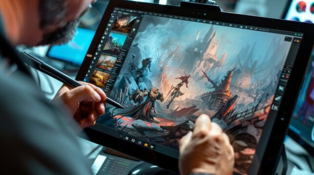 A close-up view of a digital artist drawing a detailed fantasy castle landscape on a graphic tablet.