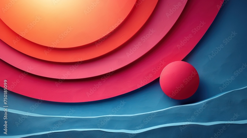 Poster a close up of a painting with a red ball in the middle of the picture and a blue background with a r