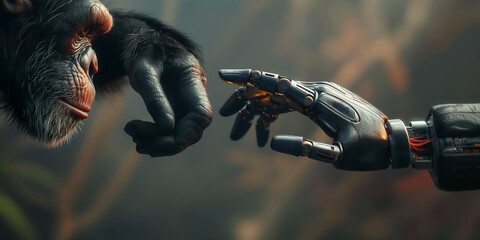 The robot's hand and monkey hand, evolution from primates concept. Banner - obrazy, fototapety, plakaty