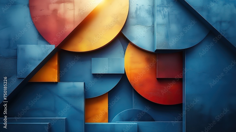 Poster a close up of an abstract painting with blue, yellow, red and orange shapes and a red circle in the 