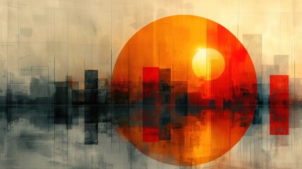  a painting of a yellow and red circle in the middle of a cityscape with buildings in the background and the sun in the middle of the middle of the picture.