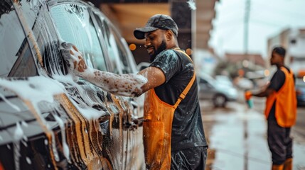Focused workers wearing uniform cleaning and washing a car with foam and water at a professional car wash service.