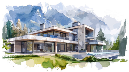 Luxus Villa Architektur Gebäude Immobilie Berge Wasserfarben Vektor - obrazy, fototapety, plakaty