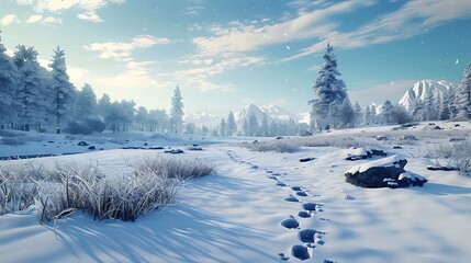 A snowy landscape with animal tracks leading into the distance, highlighting the presence of...