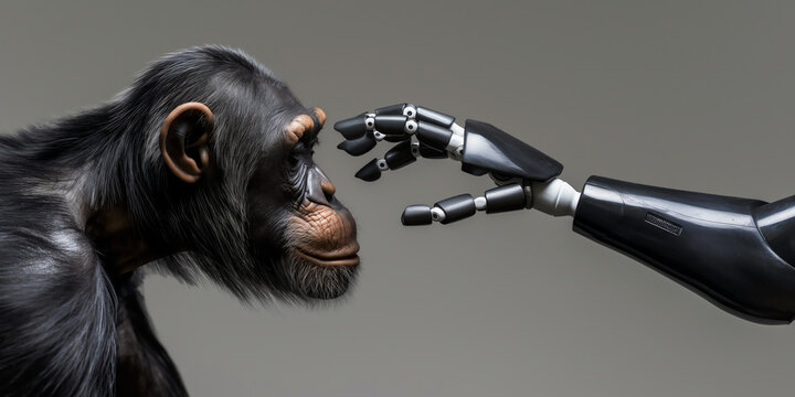 The robot's hand wants to touch a monkey. The process of evolution from monkey to artificial intelligence. Banner