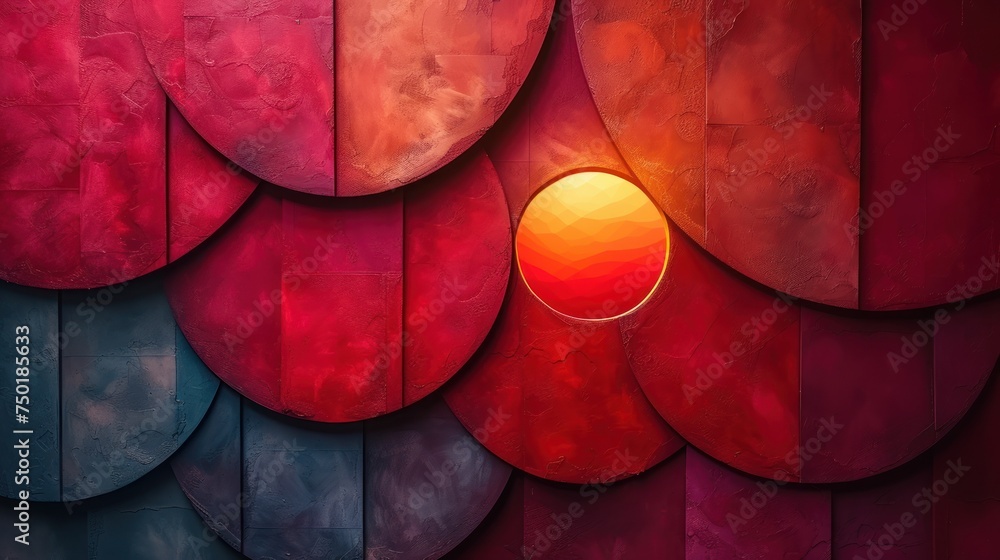 Poster a close up of a red and blue wall with a circular hole in the middle of the wall and a circular hole