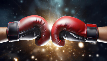 Boxing , close up of two boxing gloves hitting each other over dark background
