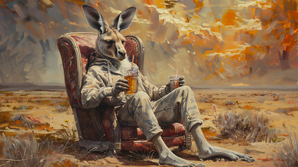 kangaroo on a chair in the outback - obrazy, fototapety, plakaty