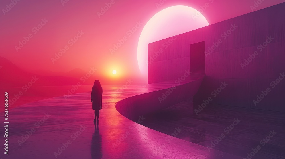 Aufkleber a person standing in front of a building with the sun setting in the background and a person standin