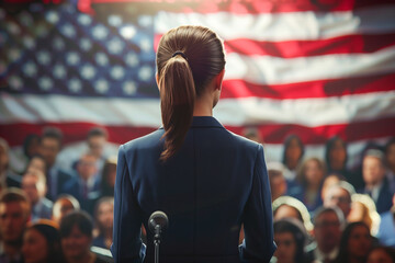A woman politician stands at a podium addressing a crowd with an American flag in the background - obrazy, fototapety, plakaty