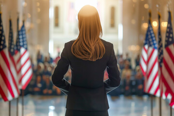 Female politician speaking in a lobby with US flags, surrounded by a crowd