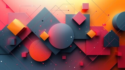  a colorful abstract background with geometric shapes and a circular object in the middle of the image with a bright orange and pink color scheme in the middle of the image.