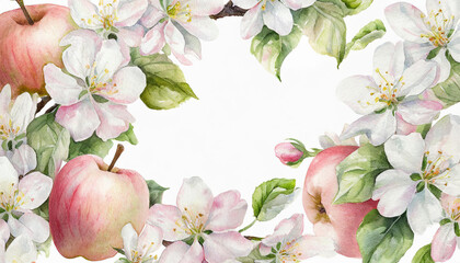Fototapeta na wymiar Watercolor painting of delicate apple blossoms frame