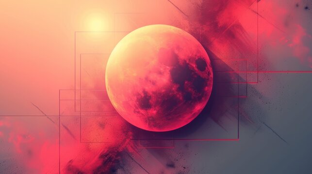  a red and pink image of a planet with a grid in the middle of the image and a red and white rectangle on the right side of the image.