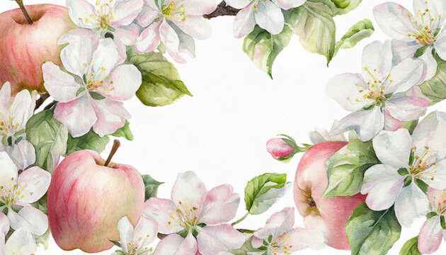 Watercolor painting of delicate apple blossoms frame
