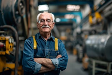confident old male engineers standing in a factory