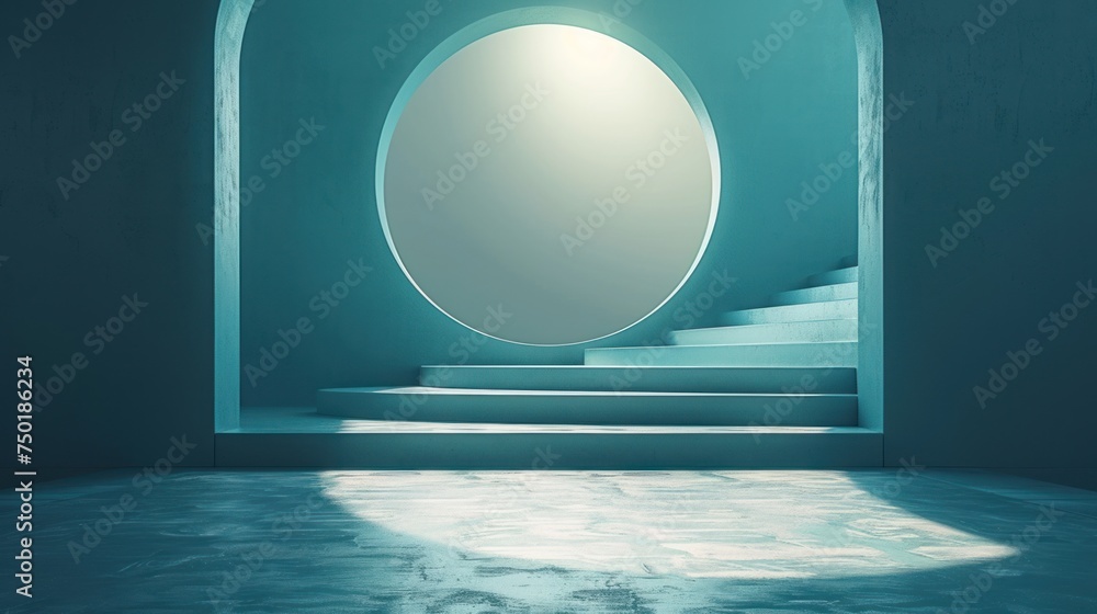 Poster a blue room with a round window and steps leading up to a light that is shining on the floor and a r