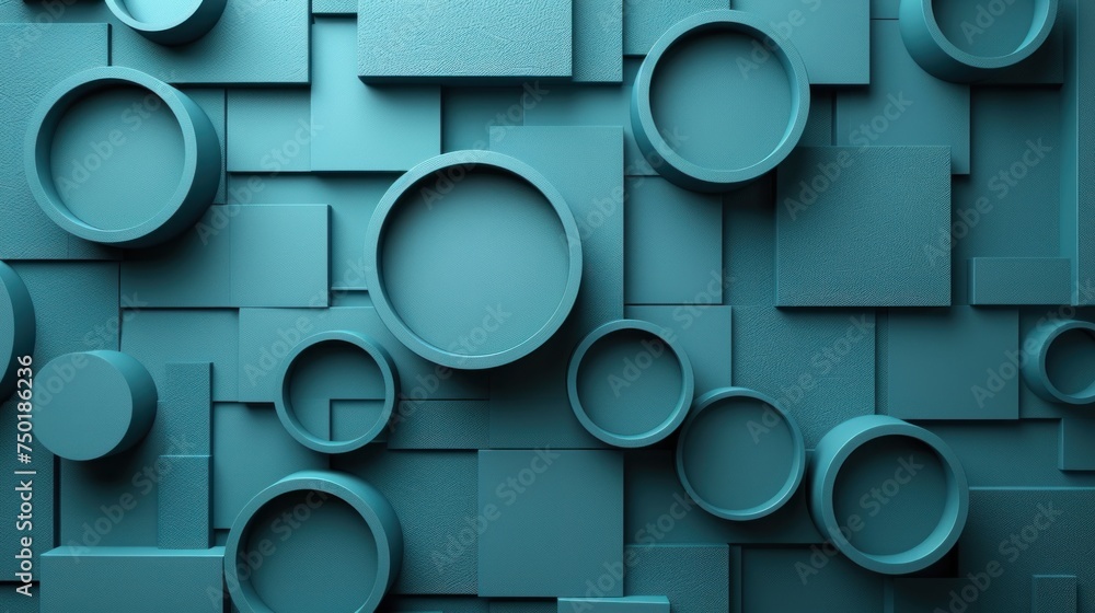 Poster a wall that has a bunch of round objects on it, all in shades of blue, and a few smaller circles in 