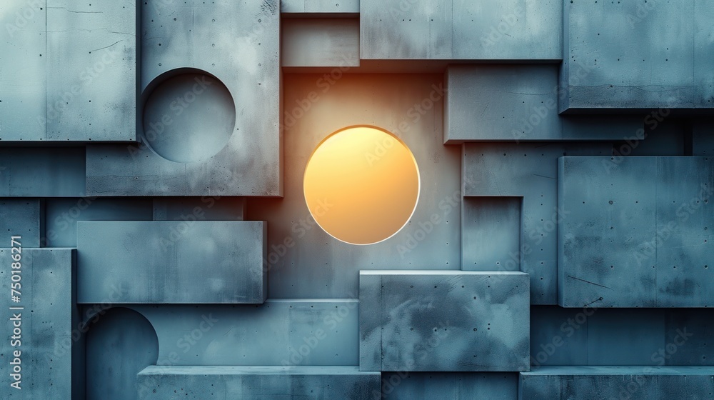 Poster there is a light that is in the middle of a wall that is made of concrete blocks and has a round lig