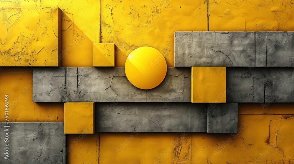 Poster an abstract painting with yellow and grey blocks and a round object in the center of the painting on
