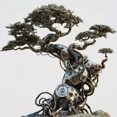 robotic mechanical biomechanical cyborg tree isolated on a white background, merging between technology and nature, enhanced futuristic aggregation 