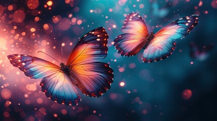  two butterflies flying in the air with blurry boke of light in the back ground and a blurry background of blue, pink, yellow, and orange, and pink colors.