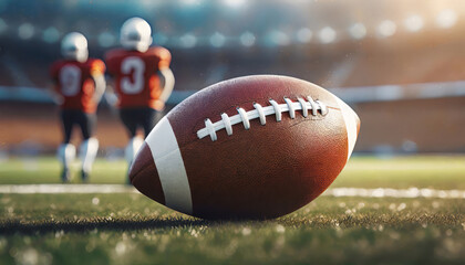 Close up of an American football on the field, players in the background