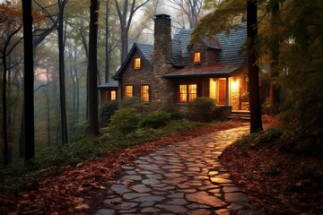 Obraz premium Rustic cabin in the forest with cozy fireplace, nestled amidst tall trees and winding path