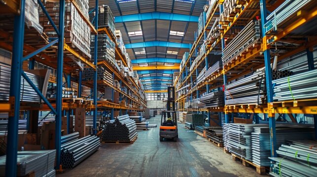 Wide-angle view of a forklift in operation in a vast industrial warehouse stocked with steel pipes, metal rods, and construction supplies.