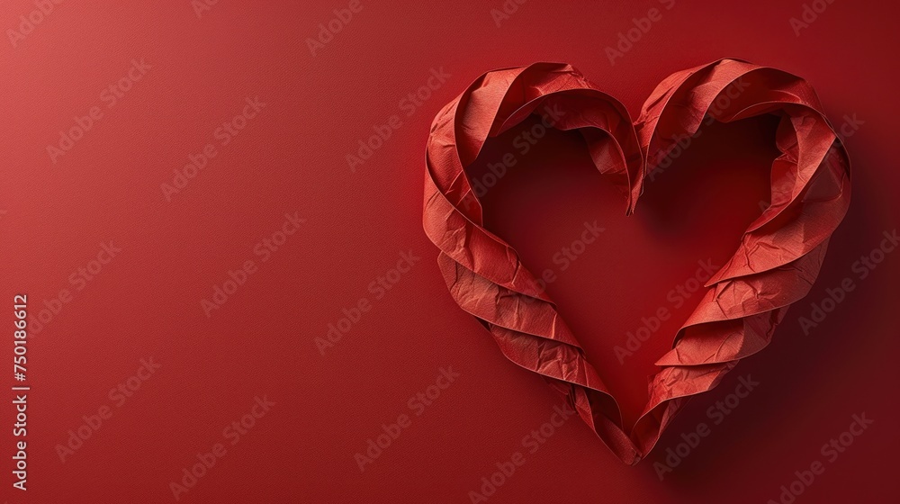 Poster a heart shaped piece of paper sitting on top of a red surface with a curled up piece of paper in the