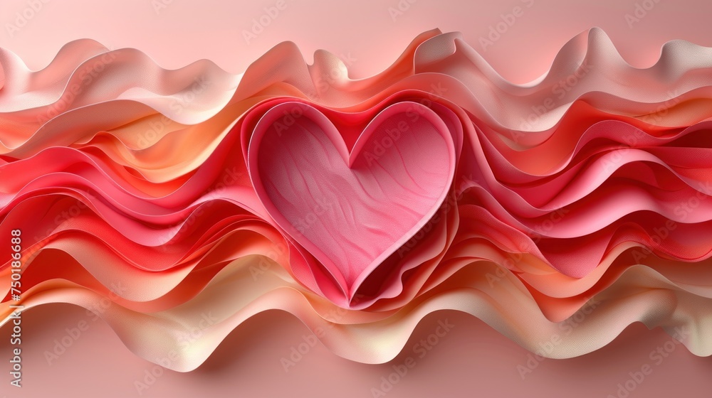 Poster a paper heart on a pink background with waves and waves in the shape of a wave and a pink background
