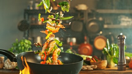 Freeze Motion of Wok Pan with Flying Asian Meal in the Air.
