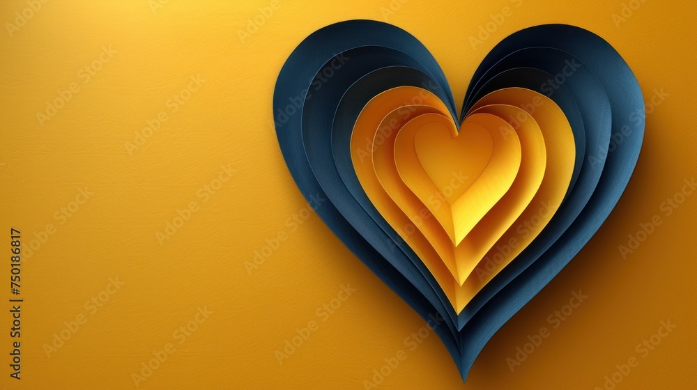 Poster a heart made out of folded paper on a yellow background with a shadow of the paper in the shape of a