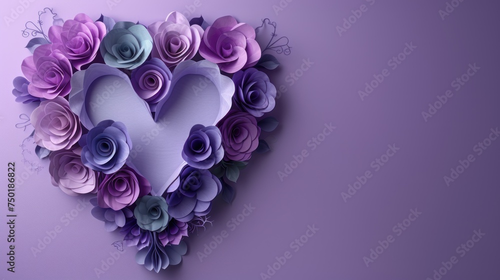 Poster a paper heart with paper flowers in the shape of a heart on a purple background with a butterfly on 