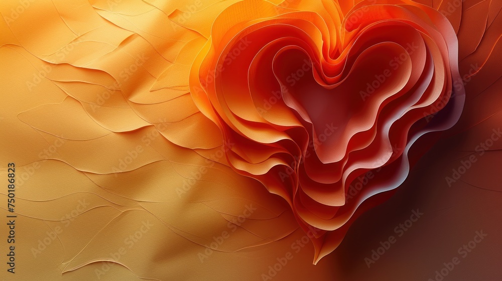 Poster a picture of a heart shaped object on a brown, orange, yellow and red background with a swirly patte