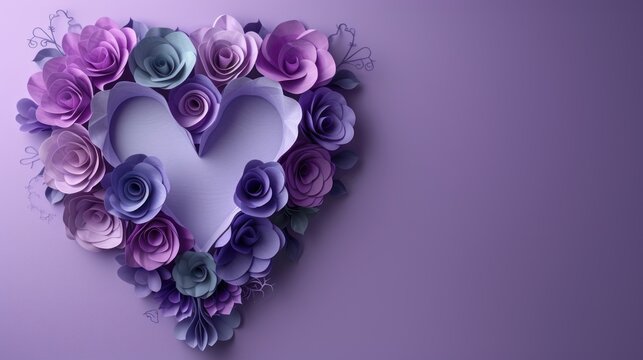  a paper heart with paper flowers in the shape of a heart on a purple background with a butterfly on the left side of the heart and a butterfly on the right side of the.