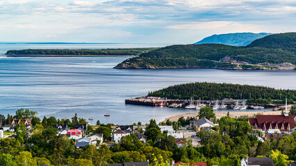 Tadoussac, Canada - July 22 2021: St-Lawrence River view during sun set in Tadoussac