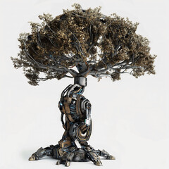 robotic mechanical biomechanical cyborg tree isolated on a white background, merging between technology and nature, enhanced futuristic aggregation 